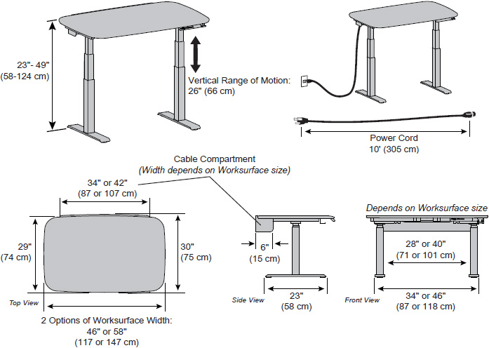 Technical drawing for Ergotron WorkFit Electric Sit-Stand Desk, 58