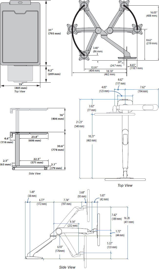 Technical Drawing for Ergotron 24-600-F12 SV Patient Overbed eTable w/ Tablet Arm (Maple)