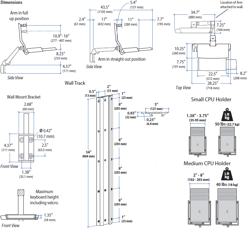 Technical Drawing for Ergotron 45-594-216 SV Combo System with Worksurface, Small CPU Holder (white)