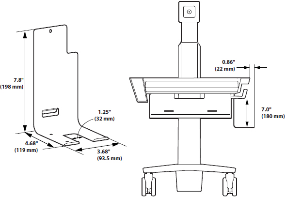 Technical Drawing for Ergotron 98-466 CareFit Slim 2.0 Side-Mount Scanner Bracket