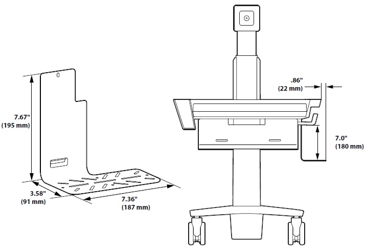 Technical Drawing for Ergotron 98-466 CareFit Slim 2.0 Side-Mount Wireless Scanner Bracket