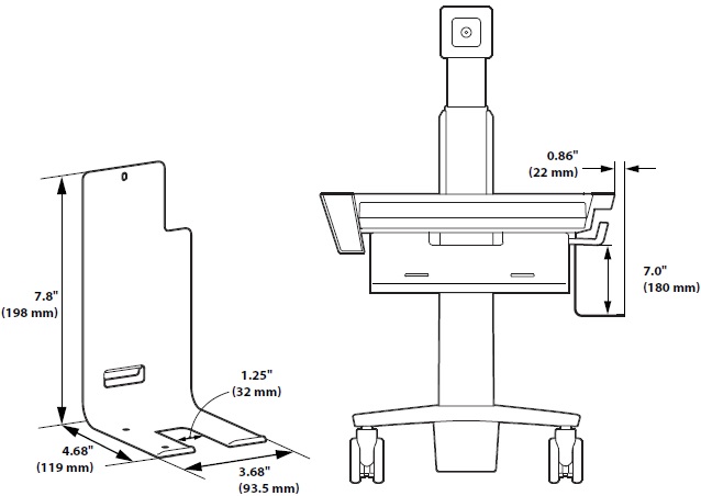 Technical Drawing for Ergotron 98-467 CareFit Slim 2.0 Side-Mount Scanner Bracket