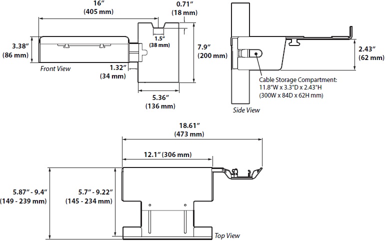 Technical Drawing for Ergotron 98-647-251 Large Printer Bracket for Wall Track