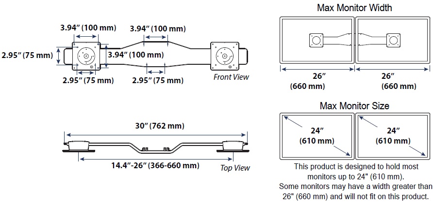 Technical Drawing for Ergotron 98-650-251 CareFit Combo Dual Monitor Kit