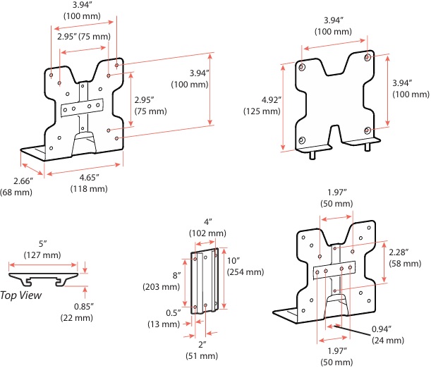 Technical Drawing for Ergotron 98-721-292 Mini PC Mount with Wall Track Black