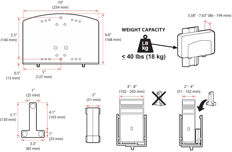 Technical Drawing for Ergotron 98-723-292 Medium PC Mount with Wall Track (black)