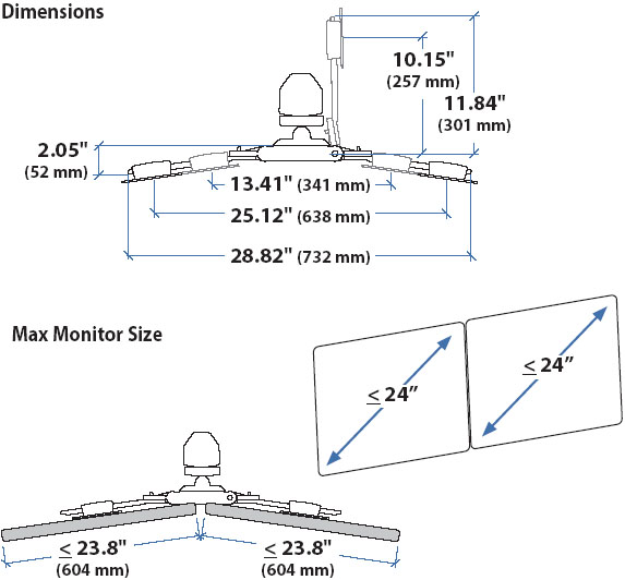 Technical drawing for Ergotron StyleView Dual Display Kit