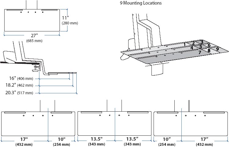 Technical drawing for Ergotron 97-651 Deep Keyboard Tray for WorkFit-S
