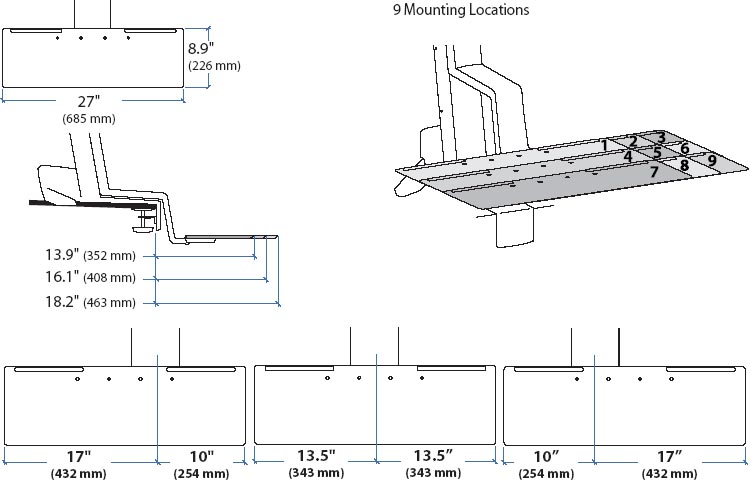 Technical Drawing for Ergotron 97-653 Large Keyboard Tray for WorkFit-S
