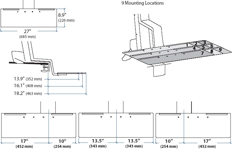Technical Drawing for Ergotron 97-653 Large Keyboard Tray for WorkFit-S