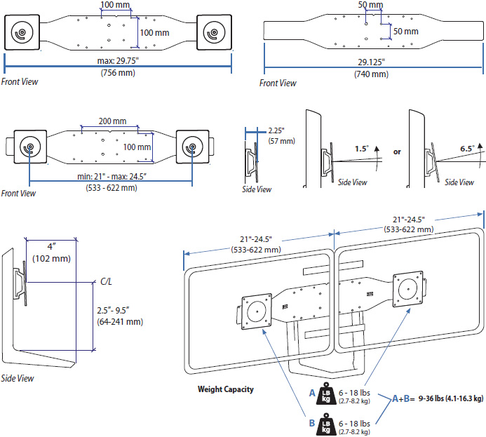 Technical Drawing for Ergotron 97-718-009 Dual Monitor & Handle Kit for Interactive Arm