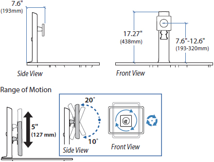 Technical Drawing for Ergotron 97-936-085 WorkFit Universal Single HD Monitor Kit