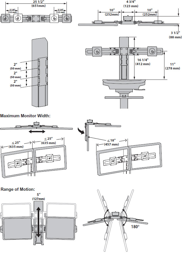 Technical Drawing for Ergotron 98-030 StyleView SV Dual Monitor Kit