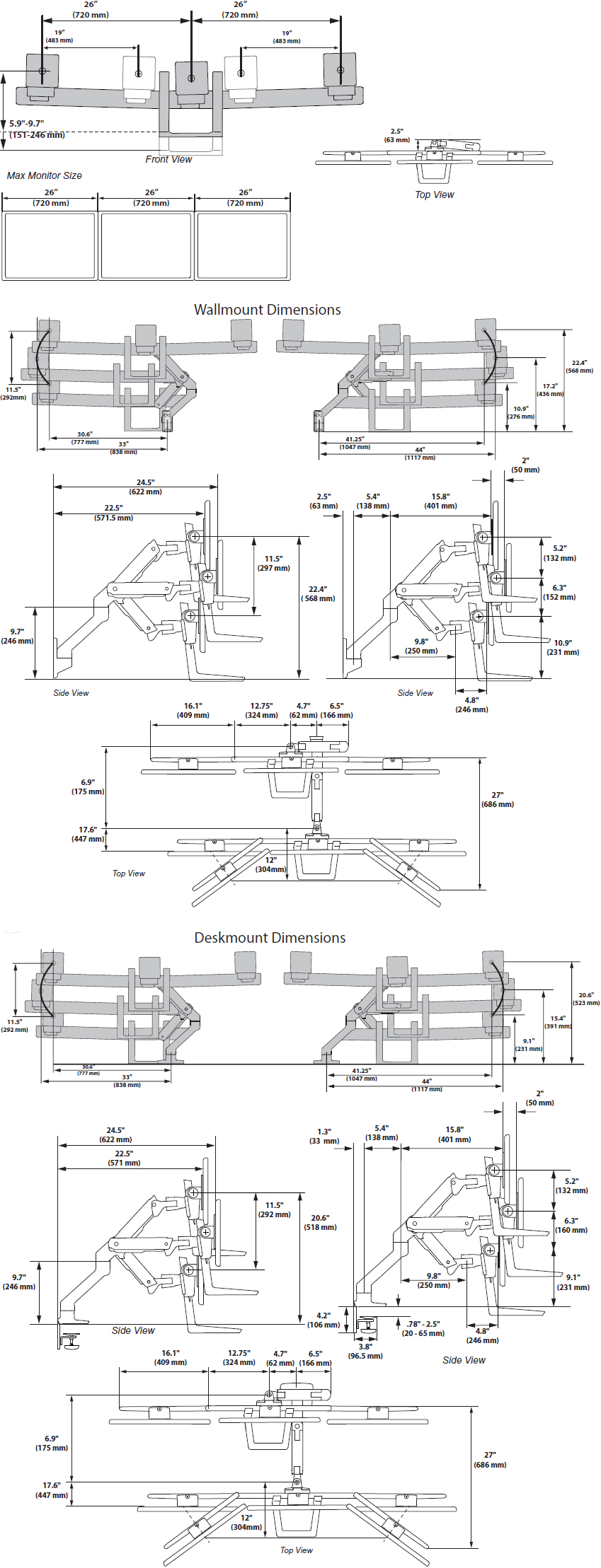 Technical Drawing for Ergotron 98-009-216 HX Triple Monitor Bow Kit - White