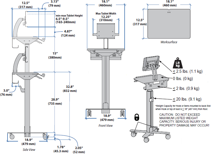 Technical drawing for Ergotron SV10 Tablet Riser & Easel Conversion Kit