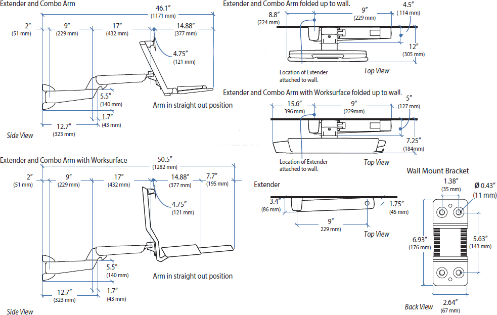 Technical Drawing for Ergotron 97-858-216 StyleView Sit-Stand Combo Extender, Short