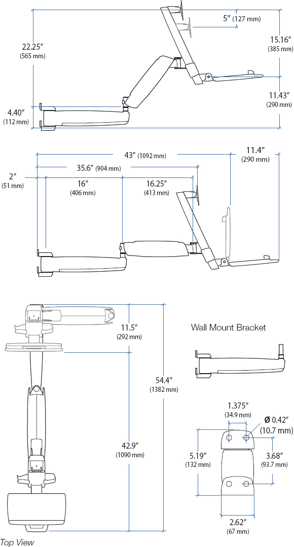 Dimensional Diagram for Ergotron 45-219-216 StyleView HD Extender