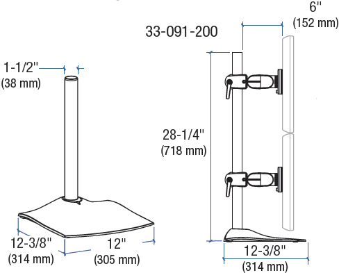 Technical Drawing for Ergotron DS100 Dual Monitor Vertical Desk Stand