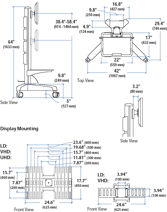 Technical Drawing for Ergotron 24-190-085 Neo-Flex Flat Panel Mediacenter Cart