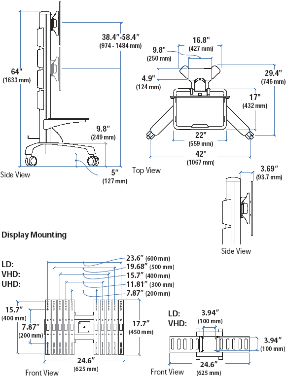 Technical Drawing for Ergotron 24-191-085 Neo-Flex Mobile MediaCenter VHD