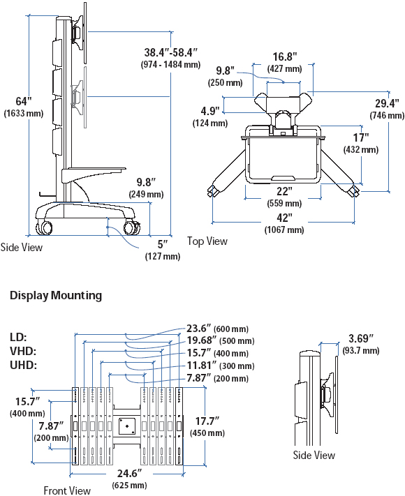 Technical Drawing for Ergotron 24-192-085 Neo-Flex Mobile MediaCenter UHD