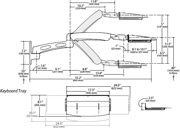Dimensional Diagram for Ergotron LX Wall Mount Keyboard Arm