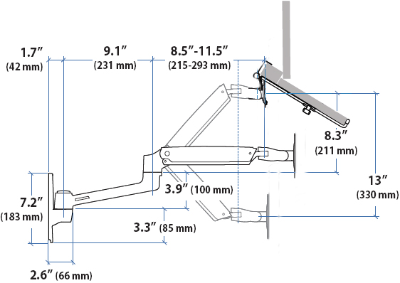 Technical drawing for Ergotron LX Notebook Wall Mount Arm