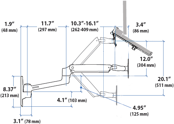 Technical Drawing for Sit-Stand Wall Mount Laptop Arm, ErgoDirect ED-NB-LX2WM