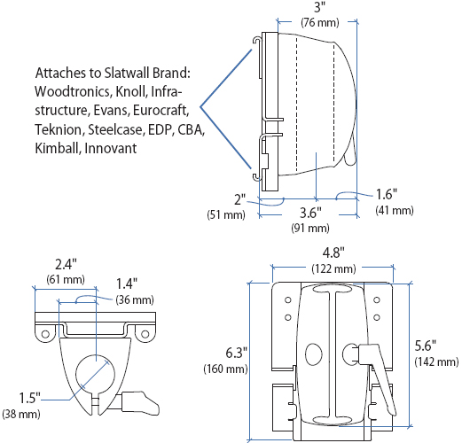 Technical Drawing for Ergotron 60-413-200 Slatwall Pole Clamp