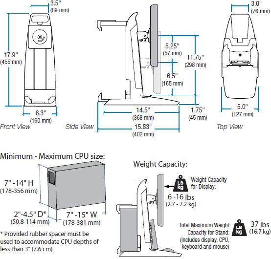 Technical Drawing for Ergotron 33-338-085 Neo-Flex All-In-One Lift and Pivot Stand with CPU Secure Clamp