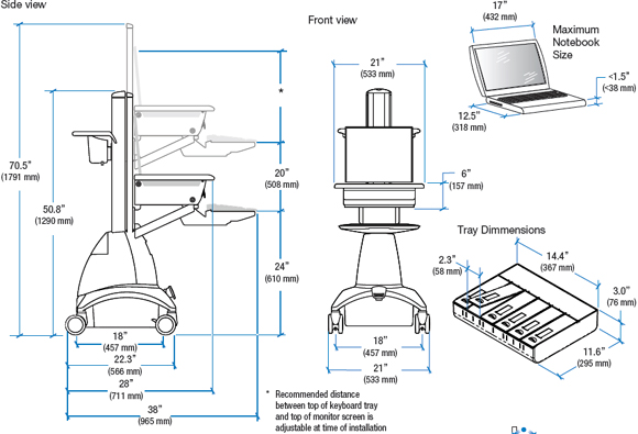 Dimensional Diagram for Ergotron StyleView Notebook Cart