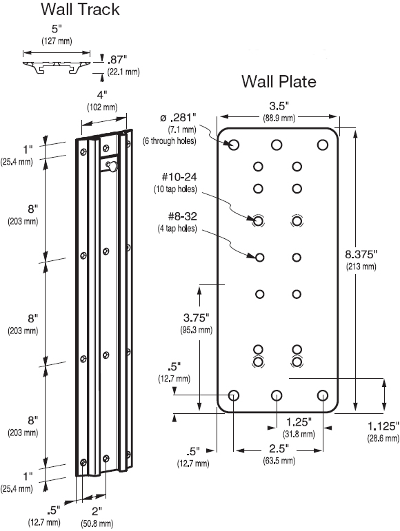 Dimensional Diagram for Ergotron Wall Plate and Wall Track