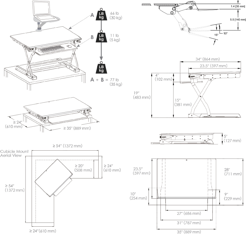 Technical drawing for Goldtouch KOV-ELP-B EasyLift Adjustable Standing Desk Converter
