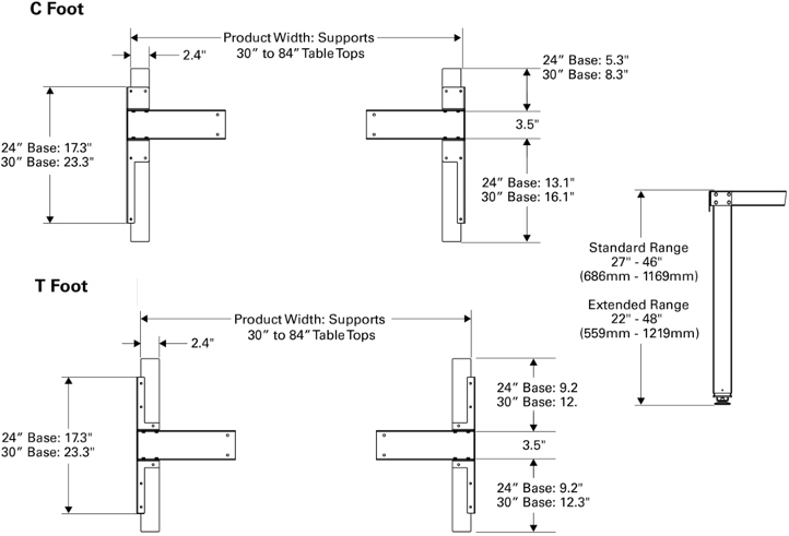 Technical Drawing for Humanscale eFloat Lite Height Adjustable Sit-Stand Table