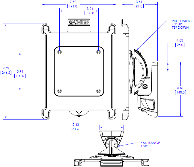 Technical Drawing for Chief K0W1I2B Kontour Pitch or Pivot Flush Mount with iPad Interface Bracket