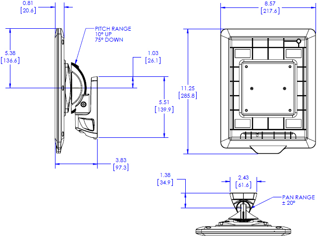 Technical Drawing for Chief K0W1I2TB Kontour Pitch or Pivot Flush Mount with Secure iPad Interface Bracket
