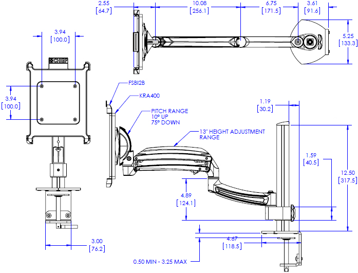 Technical Drawing for Chief K1C1I2B Kontour Dynamic Column Clamp Mount with iPad Interface Bracket