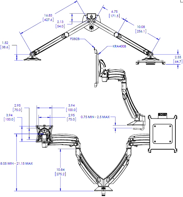 Technical Drawing for Chief K1D2I2B Kontour Dynamic Desk Clamp Mount with iPad Interface Bracket