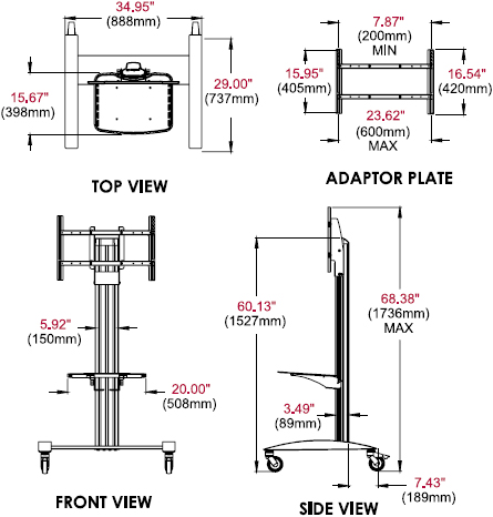 Technical Drawing for Peerless SR560M SmartMount Flat Panel Cart