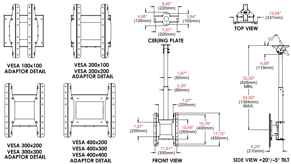 Technical drawing for Peerless ECMUA Neptune Outdoor TV Ceiling Mount