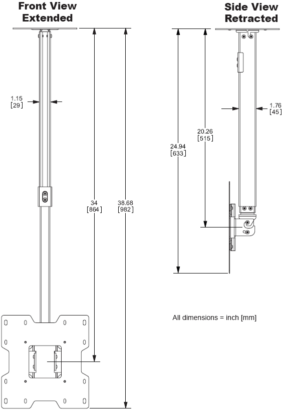 Technical Drawing for Peerless PC-932C LCD Ceiling Mount for 15"- 37" Screens