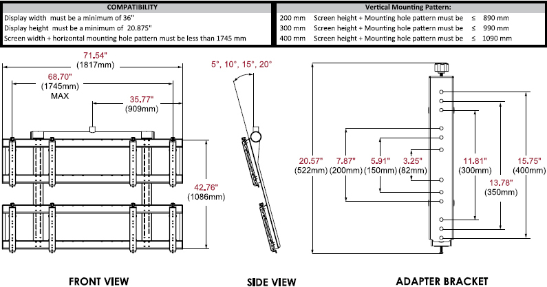 Technical drawing for Peerless DS-VWT955-2X2 Digital Signage 2x2 Video Wall Ceiling Mount