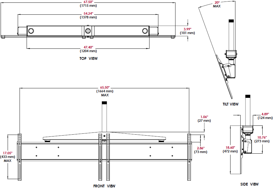 Technical drawing for Peerless DST940 Dual Display Ceiling Mount System
