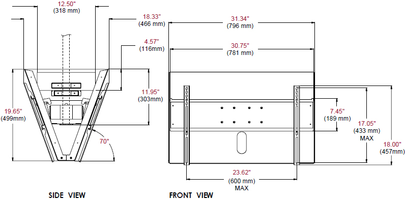 Technical Drawing for Peerless DST965 Back to Back Ceiling Mount
