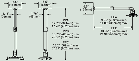 Dimensional Diagram for Peerless PPC Paramount Projector Ceiling Mount