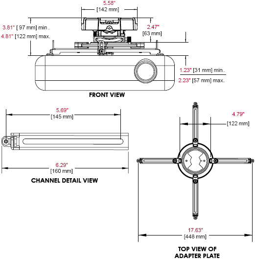 Technical Drawing of Peerless PRG-UNV Precision Gear Projector Ceiling Mount