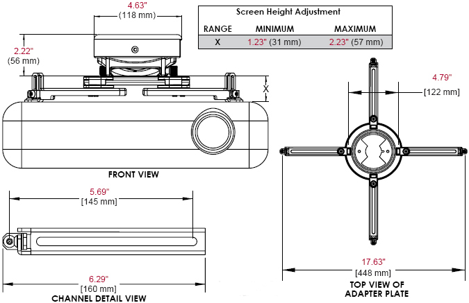 Technical Drawing of Peerless PRS-UNV PRS Projector Ceiling Mount