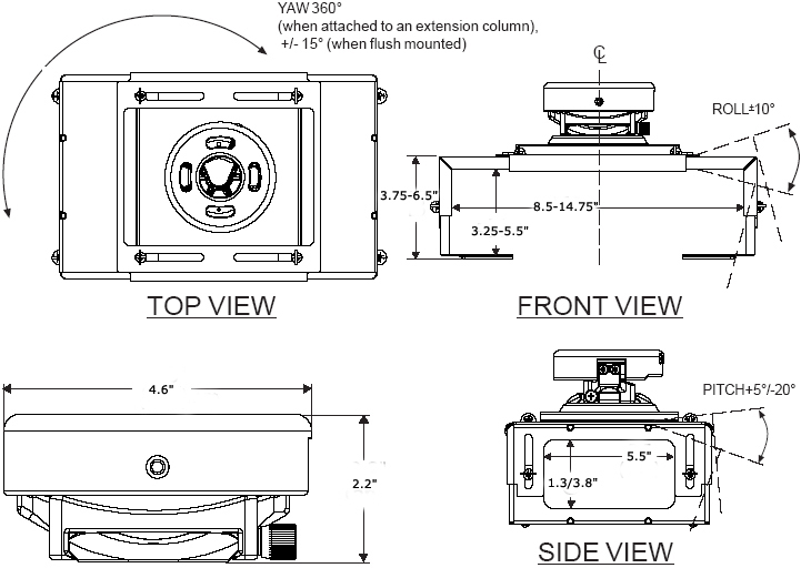 Technical Drawing of Peerless PRS40 Projector Mount with Medium Clamp Style Adapter Plate