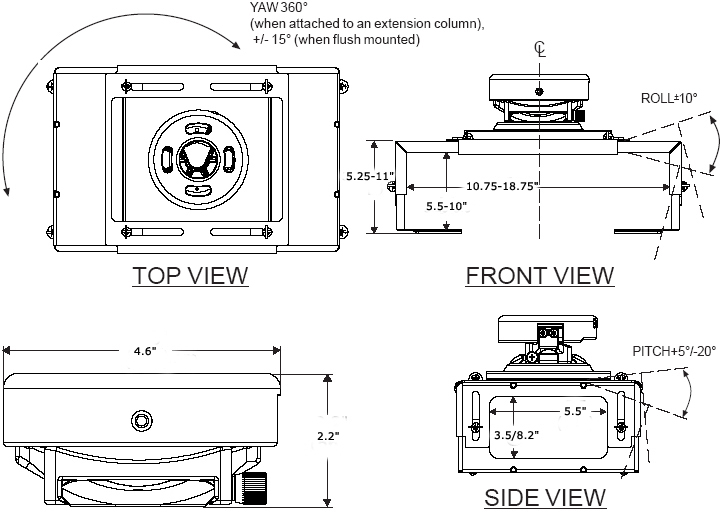 Technical Drawing of Peerless PRS45 Projector Mount with Large Clamp Style Adapter Plate