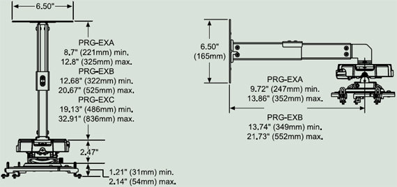 Dimensional Diagram for Peerless PRG EXA Projector Ceiling or Wall Mount